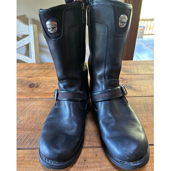 Harley Davidson‎ Mens Black Leather Riding Biker Boots Strap Skull Size 10 US - Picture 2 of 13